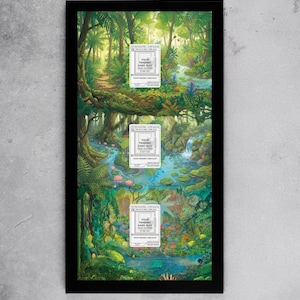May include: A framed artwork featuring a vibrant jungle scene with a river, waterfalls, and lush greenery. Three white card slots are visible, each with the text "YOUR TRADING CARD SLOT CARD NUMBER". The artwork is encased in a black frame.