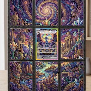 May include: A black nine-pocket trading card binder page displaying eight decorative art cards featuring purple, blue, and gold fantasy landscapes with mythical creatures, and one central Umbreon ex Pokémon card with Moon Mirage text.
