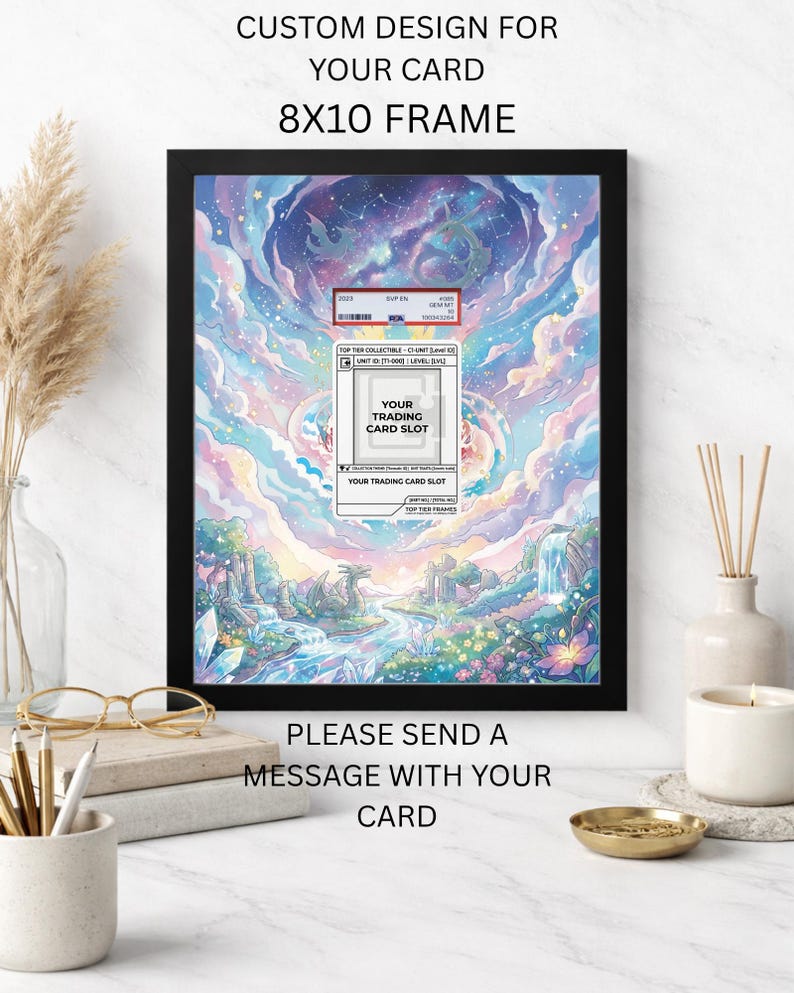 May include: Black framed artwork with a fantasy landscape design, featuring a trading card slot. The text reads "CUSTOM DESIGN FOR YOUR CARD 8X10 FRAME" and "PLEASE SEND A MESSAGE WITH YOUR CARD". The artwork is approximately 8 x 10 inches.