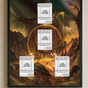 May include: Framed artwork featuring a fantasy landscape with a fiery, golden portal. Four white card slots are labeled "YOUR TRADING CARD SLOT" and "TOP TIER FRAMES". The artwork is set in a black frame.