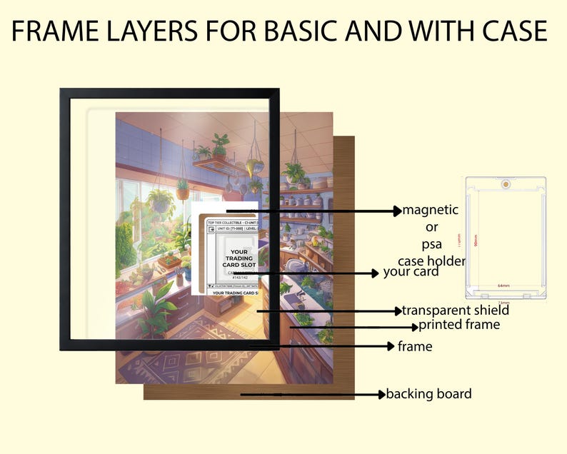 May include: Diagram of frame layers for trading cards, including a black frame, backing board, printed frame, transparent shield, and a case holder. The text "FRAME LAYERS FOR BASIC AND WITH CASE" is at the top.