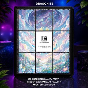May include: A black trading card binder featuring a nine-pocket page with a fantasy landscape print. The centre pocket displays a white square with the text TOP TIER FRAMES YOUR TCG CARD HERE. Text below reads 1200 DPI HIGH QUALITY PRINT.
