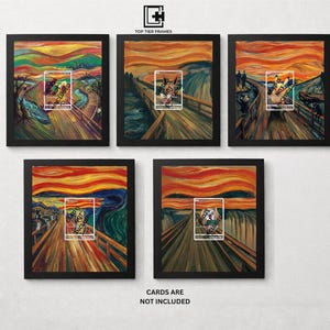 May include: Five black square frames containing art prints inspired by The Scream, each featuring a central rectangular cutout with the text CARD IS NOT INCLUDED. The top center displays the logo TOP TIER FRAMES and the bottom text CARDS ARE NOT INCLUDED.