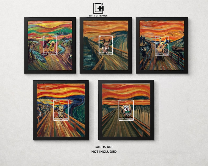 May include: Five black square frames containing art prints inspired by The Scream, each featuring a central rectangular cutout with the text CARD IS NOT INCLUDED. The top center displays the logo TOP TIER FRAMES and the bottom text CARDS ARE NOT INCLUDED.