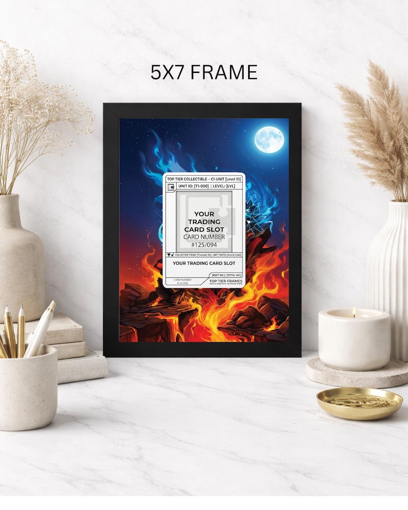 May include: A black 5x7 frame displays a fantasy-themed trading card. The card features a fiery landscape with a full moon and blue flames. Text on the card reads "Your Trading Card Slot" and "Card Number #125/094".