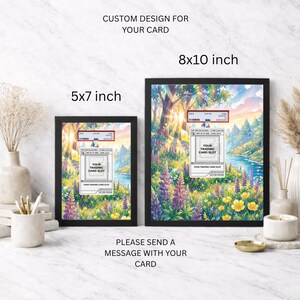 May include: Two framed art prints, 12.7 x 17.8 cm and 20.3 x 25.4 cm, with a landscape scene of a river, trees, and flowers. Each frame has a trading card slot label. Text reads: "CUSTOM DESIGN FOR YOUR CARD" and "PLEASE SEND A MESSAGE WITH YOUR CARD."