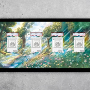May include: A framed artwork featuring a vibrant landscape painting with a stream, trees, and flowers. Four trading card slots are visible, each with text that reads "YOUR TRADING CARD SLOT". The frame is black.
