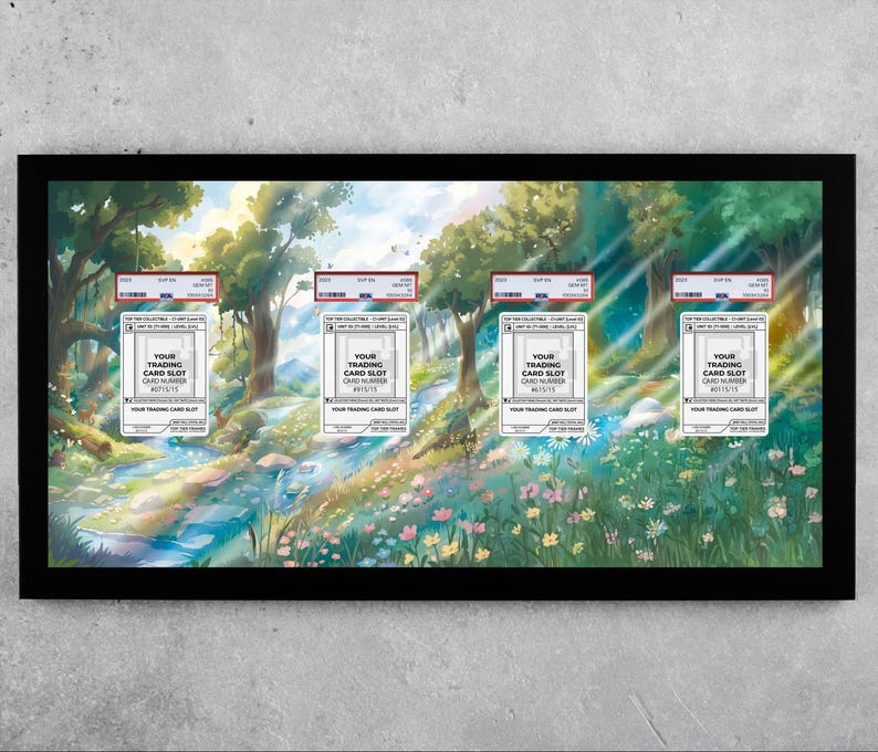 May include: A framed artwork featuring a vibrant landscape painting with a stream, trees, and flowers. Four trading card slots are visible, each with text that reads "YOUR TRADING CARD SLOT". The frame is black.