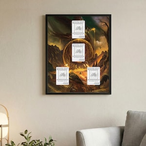 May include: A framed artwork featuring a fantasy landscape with a fiery, orange and yellow color scheme. Four trading card slots are visible, each with the text "YOUR TRADING CARD SLOT". The artwork is displayed on a beige wall.