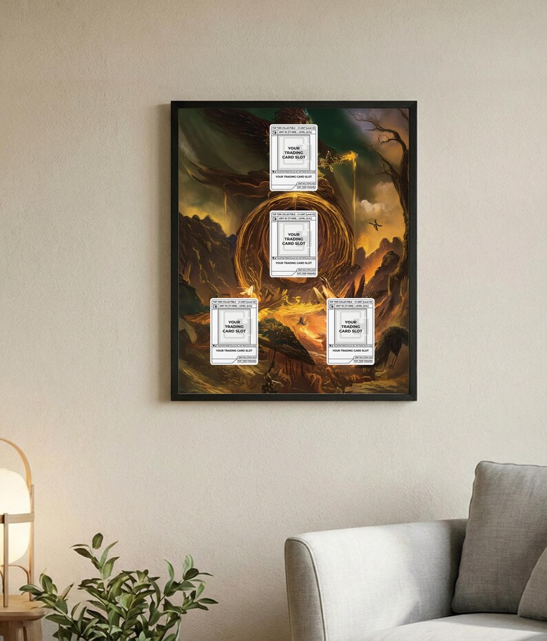 May include: A framed artwork featuring a fantasy landscape with a fiery, orange and yellow color scheme. Four trading card slots are visible, each with the text "YOUR TRADING CARD SLOT". The artwork is displayed on a beige wall.