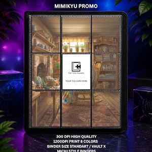 May include: A black trading card binder with a nine-pocket page layout. The cover features a printed illustration of a cosy room with a fireplace and rocking chair. Text on the cover reads MIMIKYU PROMO, TOP TIER FRAMES, and YOUR TCG CARD HERE.