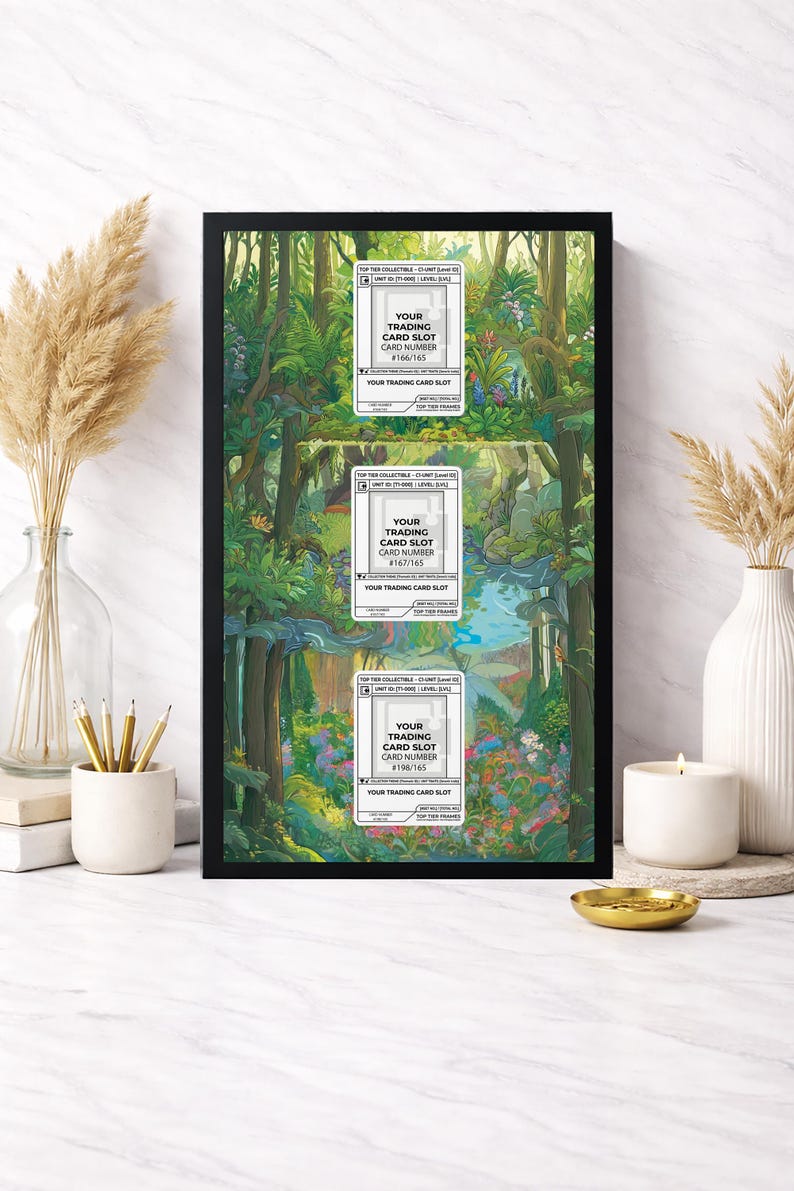 May include: A framed artwork featuring three trading card slots with card numbers #166/165, #167/165, and #198/165. The background is a vibrant forest scene with lush greenery and a flowing river. The frame is black.