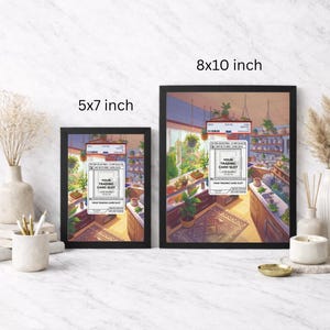 May include: Two framed art prints, one 5x7 inches and the other 8x10 inches, depict a detailed illustration of a plant shop interior. The artwork features a variety of plants, shelves, and the text "YOUR TRADING CARD SLOT".