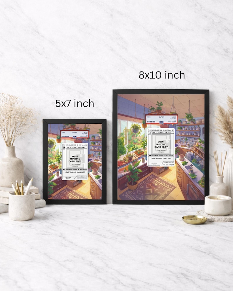 May include: Two framed art prints, one 5x7 inches and the other 8x10 inches, depict a detailed illustration of a plant shop interior. The artwork features a variety of plants, shelves, and the text "YOUR TRADING CARD SLOT".