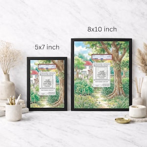 May include: Two framed art prints, one 5x7 inches and the other 8x10 inches, featuring a detailed landscape scene with trees, houses, and text that reads "YOUR TRADING CARD SLOT CARD NUMBER #106/054". The frames are black.