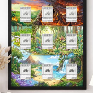Op de afbeelding: Een ingelijst kunstwerk met negen trading card slots, elk met de tekst "YOUR TRADING CARD SLOT". Het kunstwerk toont verschillende fantasielandschappen, waaronder een vulkaanlandschap, een weelderige jungle en een tropisch strand.