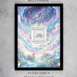 May include: Black framed artwork with a fantasy landscape and a celestial sky. The artwork includes text that reads "CUSTOM DESIGN FOR YOUR CARD 8x10 FRAME" and "PLEASE SEND A MESSAGE WITH YOUR CARD". A white card slot is in the center.