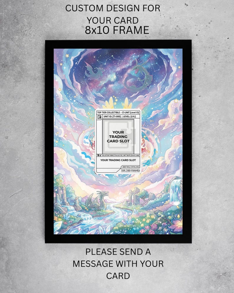 May include: Black framed artwork with a fantasy landscape and a celestial sky. The artwork includes text that reads "CUSTOM DESIGN FOR YOUR CARD 8x10 FRAME" and "PLEASE SEND A MESSAGE WITH YOUR CARD". A white card slot is in the center.