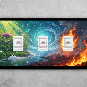 May include: Black framed artwork with a fantasy landscape split into three sections. The left side shows a lush garden, the centre a swirling vortex, and the right side a fiery inferno. Each section has a trading card slot.
