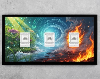 Elemental Trio 3-Card Display Frame | Grass Water Fire TCG Wall Art | 22x11 Extended Art Backdrop | For PSA, Magnetic & Raw Cases