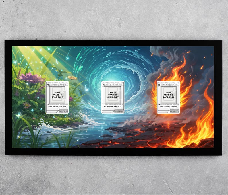 May include: Black framed artwork with a fantasy landscape split into three sections. The left side shows a lush garden, the centre a swirling vortex, and the right side a fiery inferno. Each section has a trading card slot.
