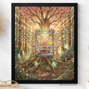 Pode incluir: Uma moldura preta 8x10 contendo uma impressão decorativa de uma grande árvore com raízes expostas e uma carta colecionável Mew EX central. A arte mostra uma cena de floresta com raios de luz, flores e pequenos cogumelos. Texto: 8X10 FRAME e CARD IS NOT INCLUDED.