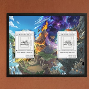 May include: Framed artwork featuring a fantasy landscape with waterfalls, mountains, and a volcanic eruption. Two white card slots are labeled "YOUR TRADING CARD SLOT". The artwork is set against a vibrant sky with a black frame.