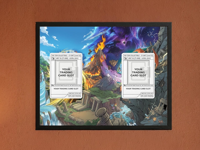 May include: Framed artwork featuring a fantasy landscape with waterfalls, mountains, and a volcanic eruption. Two white card slots are labeled "YOUR TRADING CARD SLOT". The artwork is set against a vibrant sky with a black frame.