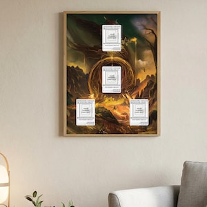 May include: A framed artwork featuring a fantasy landscape with a fiery, golden portal at the center. Five white card slots are overlaid on the image, each labeled "YOUR TRADING CARD SLOT". The artwork is set in a wooden frame.