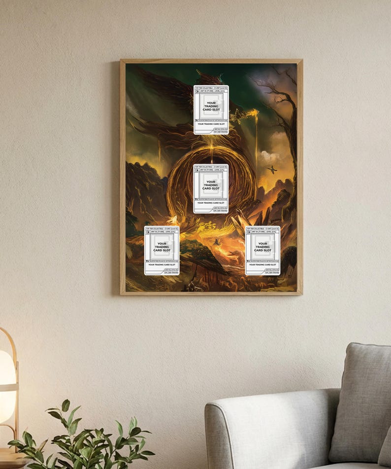 May include: A framed artwork featuring a fantasy landscape with a fiery, golden portal at the center. Five white card slots are overlaid on the image, each labeled "YOUR TRADING CARD SLOT". The artwork is set in a wooden frame.