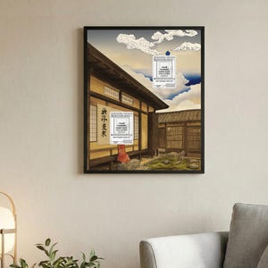 May include: Framed art print depicting a traditional Japanese building against a cloudy sky. The artwork includes Japanese text and two white rectangles with text that reads "YOUR TRADING CARD SLOT". The print is displayed on a beige wall.