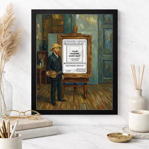 May include: Black 8x10 frame featuring a print of Vincent van Gogh as a painter, holding a palette. The painting includes a trading card slot with text. The background shows a room with blue and brown tones.