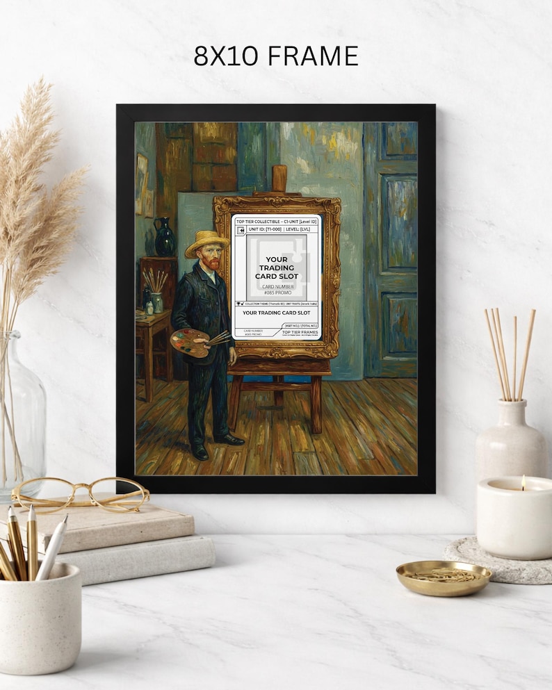 May include: Black 8x10 frame featuring a print of Vincent van Gogh as a painter, holding a palette. The painting includes a trading card slot with text. The background shows a room with blue and brown tones.