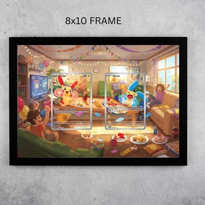 May include: Black framed 8x10 print featuring a colorful illustration of a party scene with two Pokémon trading cards. The cards are displayed on a table with food and party decorations. The text "8x10 FRAME" is at the top.