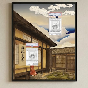 May include: Framed artwork depicting a Japanese-style building against a backdrop of a cloudy sky. The artwork incorporates trading card slots with card numbers. The building features a traditional design with wooden structures and a red garment.