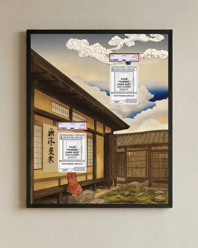 May include: Framed artwork depicting a Japanese-style building against a backdrop of a cloudy sky. The artwork incorporates trading card slots with card numbers. The building features a traditional design with wooden structures and a red garment.