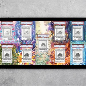 Puede incluir: Una exhibici&oacute;n enmarcada en negro con diez ranuras para tarjetas coleccionables, cada una con un fondo colorido &uacute;nico. Cada ranura incluye el texto "YOUR TRADING CARD SLOT" y "CARD NUMBER #123/123". Los fondos var&iacute;an de florales a dise&ntilde;os abstractos.