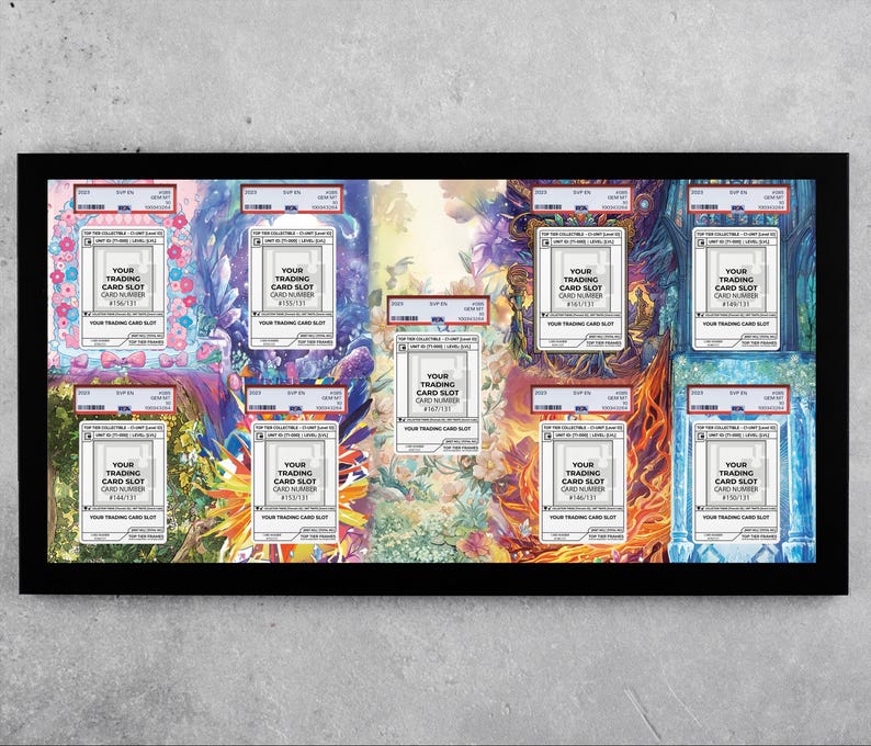 Puede incluir: Una exhibici&oacute;n enmarcada en negro con diez ranuras para tarjetas coleccionables, cada una con un fondo colorido &uacute;nico. Cada ranura incluye el texto "YOUR TRADING CARD SLOT" y "CARD NUMBER #123/123". Los fondos var&iacute;an de florales a dise&ntilde;os abstractos.