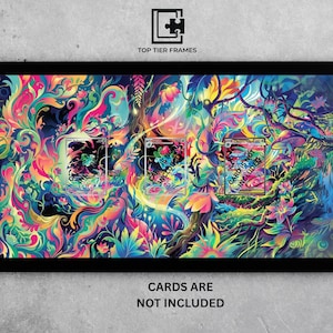 May include: A rectangular black frame containing a vibrant, psychedelic forest illustration with swirling patterns in neon pink, blue, yellow, and green. Three clear card slots are centered, each marked with the text CARD IS NOT INCLUDED.