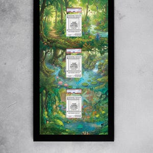 May include: A framed print featuring a vibrant jungle scene with a winding path, waterfalls, and lush vegetation. Three trading card slots are visible, each with text that reads "YOUR TRADING CARD SLOT". The artwork is set against a light gray background.