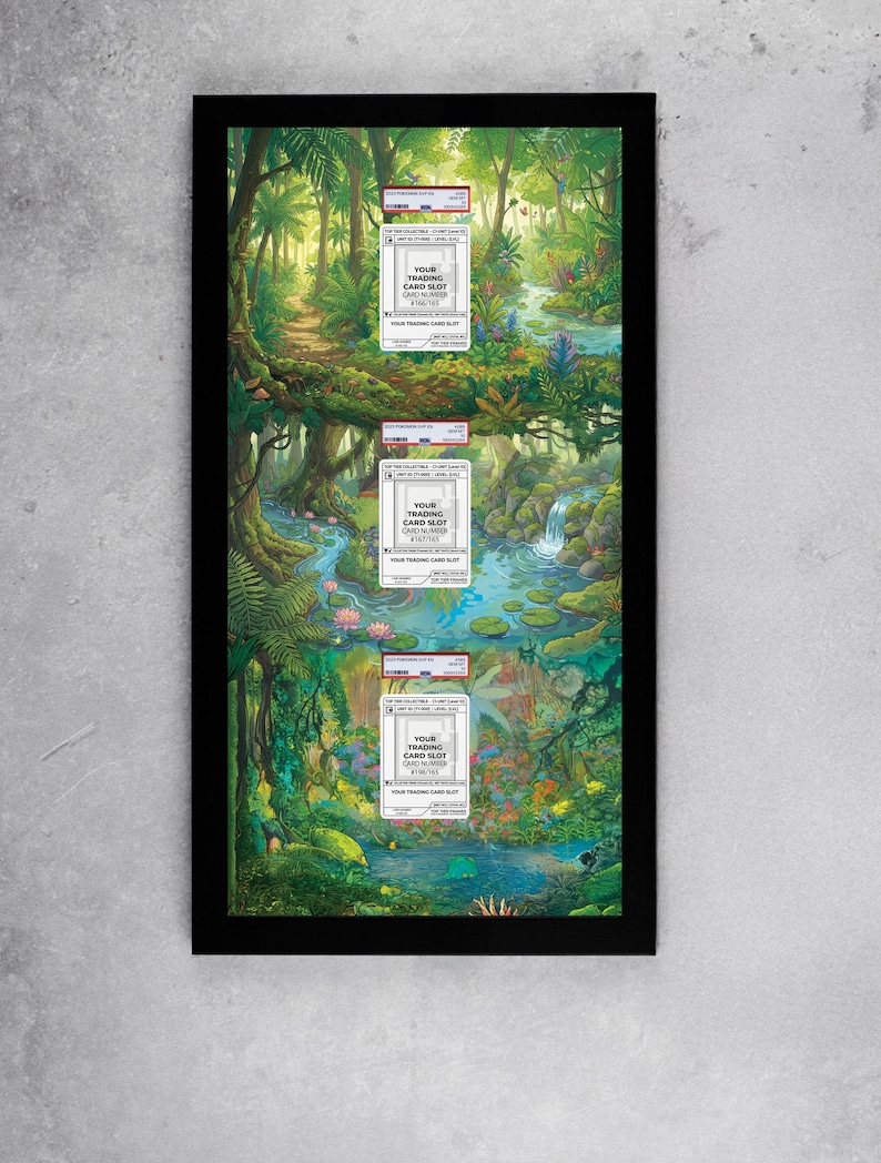 May include: A framed print featuring a vibrant jungle scene with a winding path, waterfalls, and lush vegetation. Three trading card slots are visible, each with text that reads "YOUR TRADING CARD SLOT". The artwork is set against a light gray background.