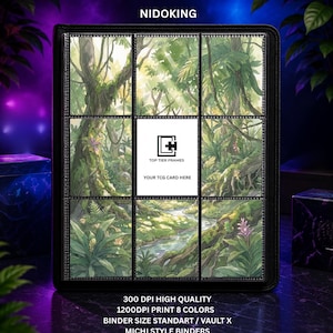 May include: A black trading card binder featuring a nine-pocket page with a jungle illustration. The centre pocket displays a white square with the text TOP TIER FRAMES YOUR TCG CARD HERE. Text below reads 300 DPI HIGH QUALITY 1200DPI PRINT 8 COLOURS.
