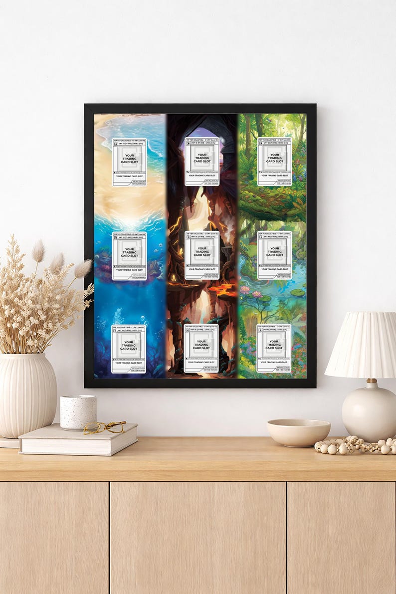 151 Evolution Origins Rahmen | Elemental Trio erweiterte Kunst | 9 Karte Wandaufsteller | Benutzerdefinierte TKG Leinwand | Magnethülle PSA Slab | 16x20 Bild 1