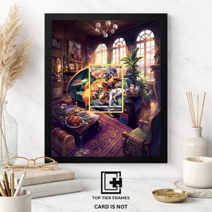 Può includere: Una cornice nera 8x10 contenente un'illustrazione dettagliata di una stanza accogliente con una grande creatura arancione simile a un drago che riposa su un divano. L'opera presenta un tavolino, scaffali per libri e grandi finestre.