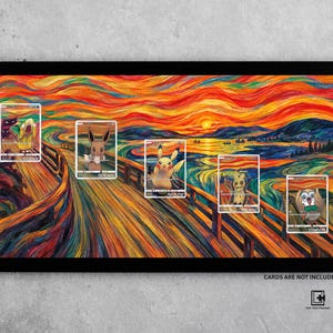 May include: A rectangular black frame containing a vibrant, multi-colored landscape print with swirling brushstrokes of orange, red, blue, and yellow. Five rectangular slots are arranged horizontally to display trading cards. Text reads CARDS ARE NOT INCLUDED.