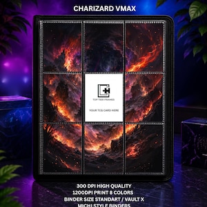 May include: A black trading card binder featuring a nine-pocket display with a fiery, volcanic landscape graphic. The centre pocket contains a white insert with the text TOP TIER FRAMES YOUR TCG CARD HERE. Text below reads 300 DPI HIGH QUALITY.