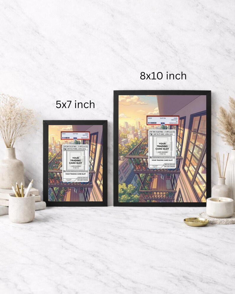 May include: Two framed art prints, one 5x7 inches and the other 8x10 inches, featuring an anime-style illustration of a balcony scene with trading card slots. The artwork has a warm color palette with a cityscape backdrop.