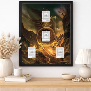 May include: A framed fantasy art print featuring a fiery landscape with a glowing portal. Several trading card slots are overlaid on the artwork. The print is displayed on a wooden cabinet with decorative items.