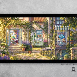 May include: A rectangular black frame containing a landscape illustration of a sunlit stone cottage with climbing vines, a patio, and three transparent trading cards displayed in the scene. The text CARDS ARE NOT INCLUDED appears in the bottom right.