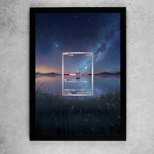 May include: Black 8x10 frame with a print of a card featuring a character fishing on a lake at dusk. The background shows a starry night sky and mountains. The card has the text "8x10 FRAME" at the top.